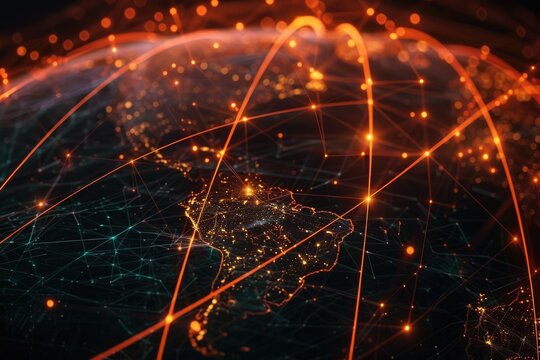 4K resolution global Tech Earth network orange light data transfer fast internet speed digital trian