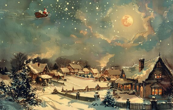 1906 illustration of Santa flying above a quiet village on Christmas Eve