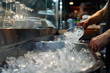 An employee removing ice from a machine in a restaurant