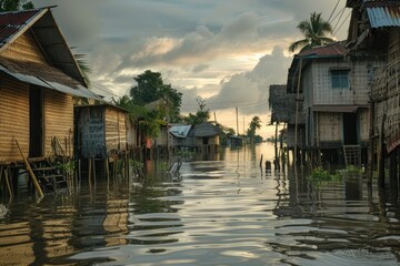 Fototapeta premium Bangladeshi village on stilts sinking from rising water levels caused by climate change