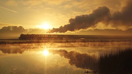 Obraz premium The golden rays of the sun danced atop the lakes surface creating a dreamy atmosphere for the train ride.