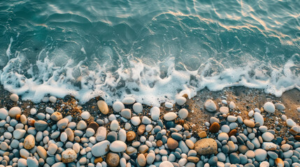 waves breaking on a pebbled beach at sunset