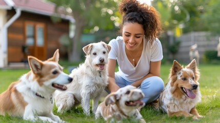 Female pet sitter joyfully interacting with several dogs in sunny backyard environment