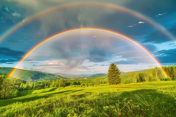 Double rainbow seen above grassy field