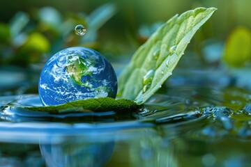 Green leaf reflects Earth in water drop showing water and environment concept furnishes elements of