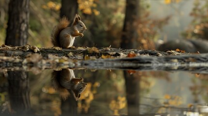 Reflection of a red squirrel. 