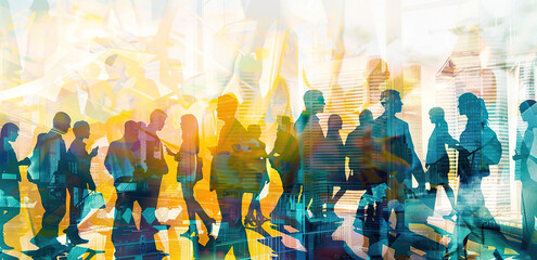Naklejka premium Silhouette of business people work together in office. Concept of teamwork and partnership. double exposure with light effects