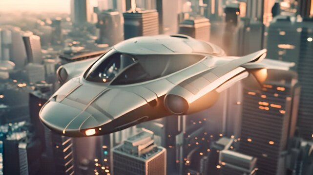 Futuristic Flying Car Above Modern Cityscape with Ai generated.
