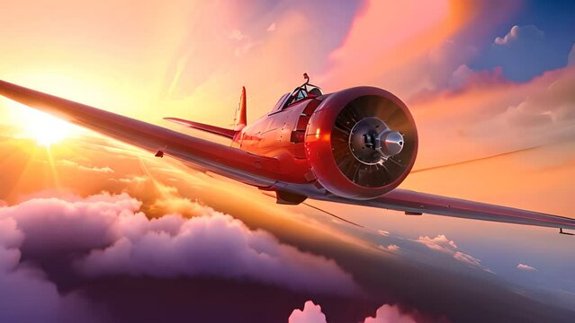 Vintage Red Airplane Flying at Sunset with Ai generated.
