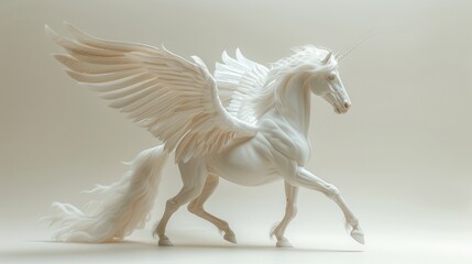 Majestic white unicorn with wings galloping on a white background, fantasy concept
