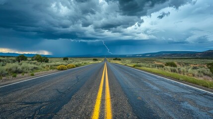 Moody road under stormy skies with distant lightning strikes