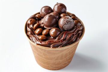 Top view image of chocolate frozen yogurt in a cup with cacao and chocolate candies on a white backg