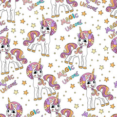 Fototapeta premium Unicorns and lettering seamless pattern on a white background