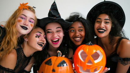 The Enchanting Studio Group Photo: Diverse Costumes and Spooky Atmosphere for Halloween Celebration. Perfect for posters, social media campaigns, and thematic promotions.