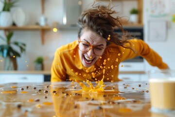 Woman laughing at accidental juice spill on the floor with a funny and surprised expression, comical side of everyday bloopers and mistakes