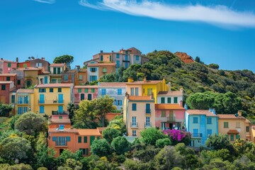 Obraz premium Vivid houses on a hill in a charming European village under a blue sky