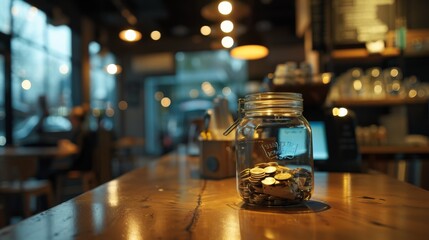 Money jar full of tips on a cafe counter at the end of a day