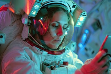 White female astronaut using cellphone in space texting snapping photos