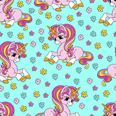 Seamless unicorns pattern on a turquoise background