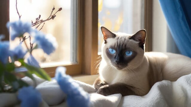 Siamese cat resting on a beige blanket by the window.Cat day concept. - Powered by Adobe