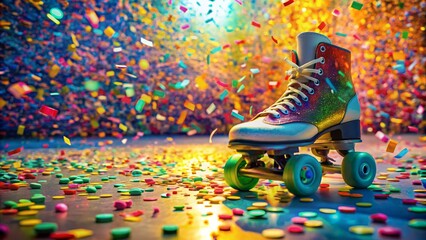 Fototapeta premium Vibrant confetti littered floor reflects colorful roller skates, wheels spinning freely, evoking carefree joy and energetic celebration, sans human presence.,hd,8k