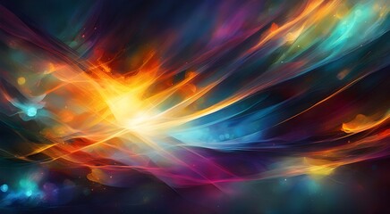 A colorful, abstract painting with a yellow sun in the middle