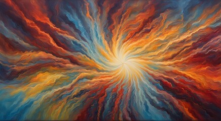 Obraz premium A painting of a colorful explosion with a yellow sun in the center