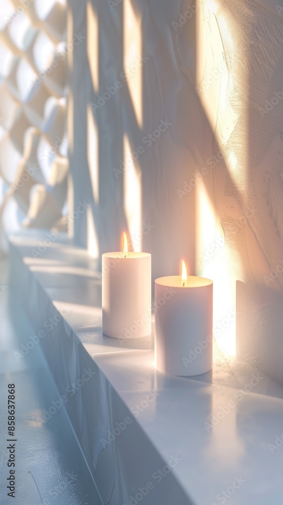 Poster a trio of cylindrical candles with angular patterns casting a mesmerizing light against the white wa