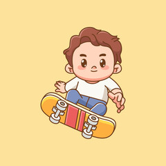Cute boy trick Playing Skateboard kawaii chibi character mascot illustration outline style design