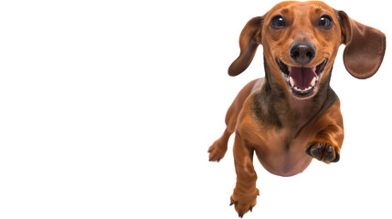 Full body shot of Dachshund dog, running happily, smiling.
