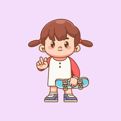 Cute girl Playing Skateboard peace pose kawaii chibi character mascot illustration