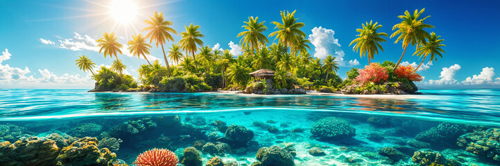 Obraz premium A vibrant and colorful depiction of a tropical island, surrounded by clear blue water, with palm trees and coral reefs visible beneath the surface.