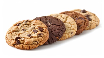 Assorted chocolate chip cookies on white background
