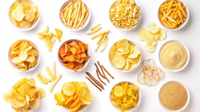 Assorted snack bowls with different types of chips and crisps on white background, top view. Snack variety and food concept