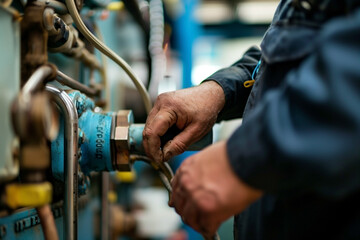 A man is working on a pipe. He is wearing gloves and he is focused on his task.