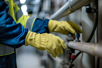 A man is working on a pipe. He is wearing gloves and he is focused on his task.