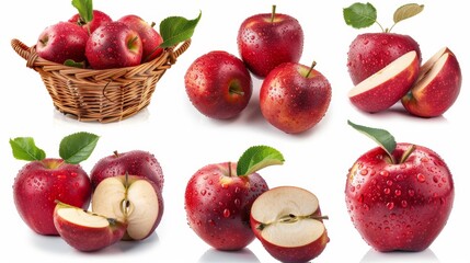 Fresh red apples with water droplets in a basket and slices on white background