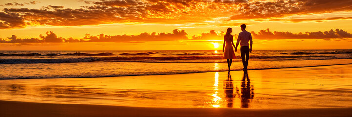 Fototapeta premium A couple walking along the beach at sunset, with the warm glow of the setting sun casting long shadows and creating a serene atmosphere.