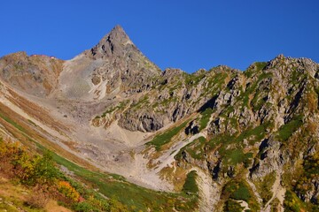 紅葉の氷河公園から望む槍ヶ岳