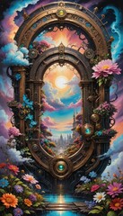 Obraz premium A steampunk portal in the sky with flowers. 