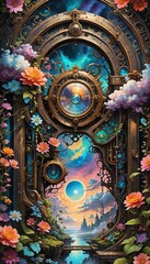 Fototapeta premium A steampunk portal in the sky with flowers. 