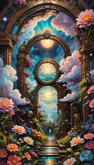 Fototapeta premium A steampunk portal in the sky with flowers. 