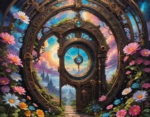 Obraz premium A steampunk portal in the sky with flowers. 