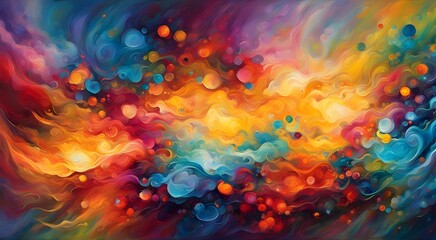 A painting of a colorful, swirling galaxy with bright orange and blue hues