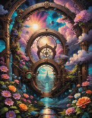 A steampunk portal in the sky with flowers. 