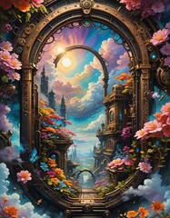 Fototapeta premium A steampunk portal in the sky with flowers. 
