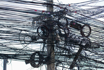 Telephone lines in the capital of Thailand. Not organized, not beautifully arranged Telephone wiring is not beautiful.