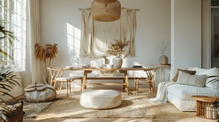 A living room with a white wall and a tan curtain