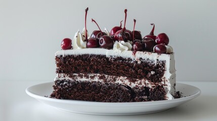 Close up of a tasty Black Forest cake on a white plate against a white backdrop