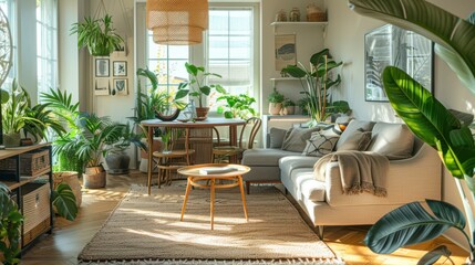 Fototapeta premium A living room with a lot of plants and a table with a vase on it